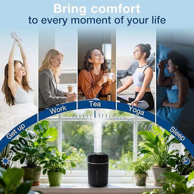 Portable Mini Humidifier, 300ml USB Cool Mist Small Humidifier with Colorful Lights. Perfect for Bedroom, Office, Plants, travel & Car (Black) - Image 8