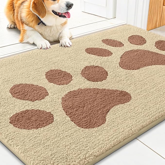 Smiry Dog Door Mat for Muddy Paws, Absorbs Moisture and Dirt, Low-Profile Entryway Mat with Non-Slip Backing, Entry Indoor Outdoor Doormat for Inside Floor (30x20 Inches, Light Beige, Paw) by Smiry