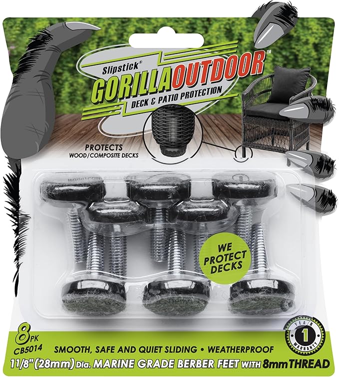 Slipstick Gorilla Outdoor Adjustable Furniture Levelers (8 Pack) Weatherproof Screw in Leg Glides for Chairs, Tables, and Outdoor Furniture Feet, 1-1/8 Inch Berber Glide, M8 Thread by Slipstick