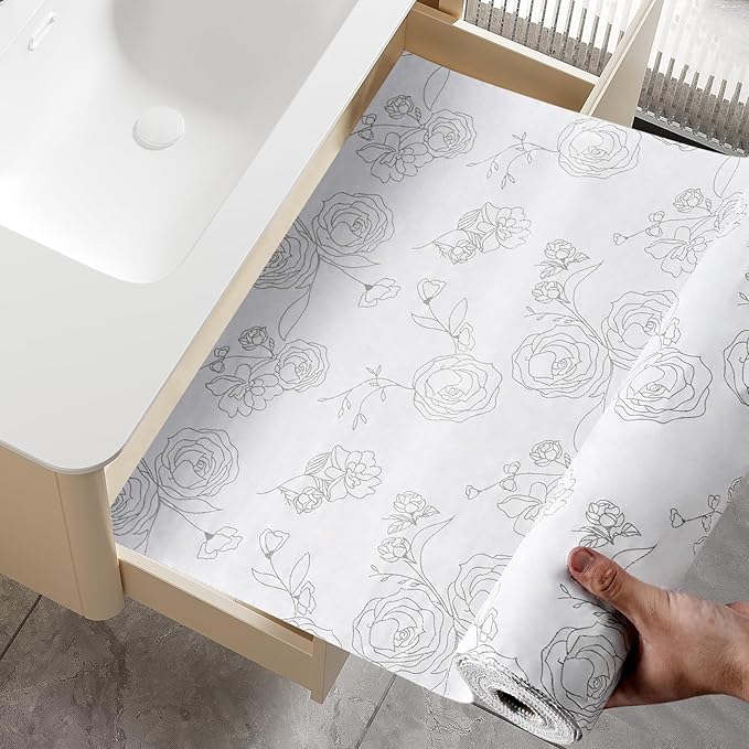 Floral Shelf Drawer Liner for Kitchen Cabinets Non-Adhesive Shelf Liner Paper Non-Slip Strong Grip Drawer Liner Cabinet Liners Thickened Easy to Clean for Tool Box Pantry (12In x 20FT), Gray - Image 8