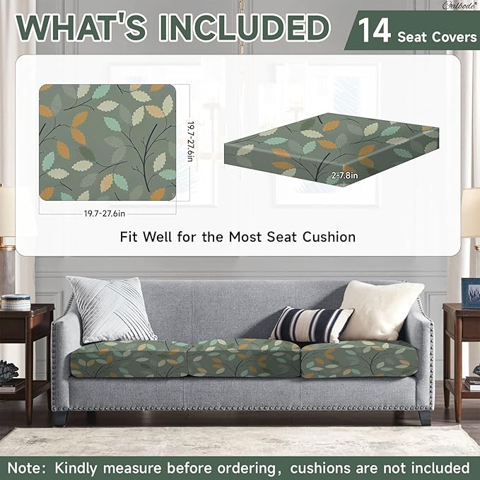 14Pcs Stretch Patio Cushion Cover for Autumn, Couch & Sofa Slipcovers for Patio Furniture Cushions Washable Reusable Couch Covers Replacement Fall Home Decor (Green Leaf Printed, Cover Only) - Image 2
