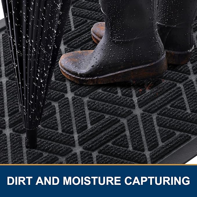 Smiry Front Door Mat Outside Entrance, Heavy Duty Sturdy Natural Rubber Doormat, Trap Dirt and Moisture, Easy Clean Low Profile Mats for Indoor Outdoor Entry, Grid Geometric (47x23, Black) - Image 3