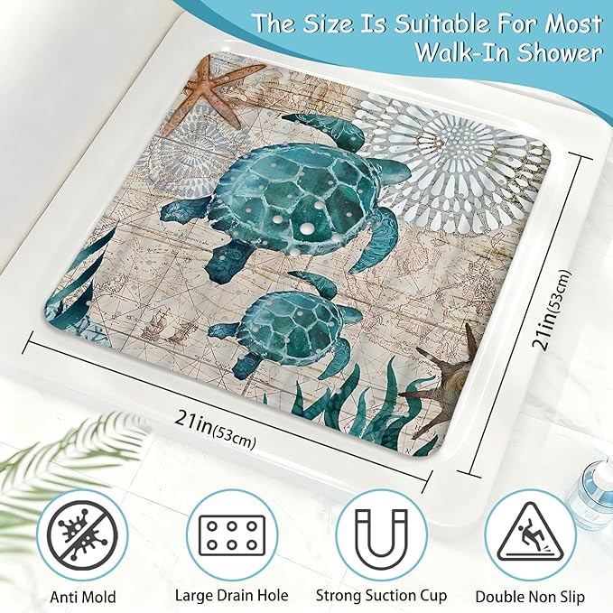 Sea Turtle Square Anti Slip Shower Mats for Inside Shower Accessories, Cute Bath Mats for Bathroom Non Slip Shower Floor Mat Decor Rubber Bathmat With Suction and Drain Holes Machine Washable, 21″X21″ - Image 2