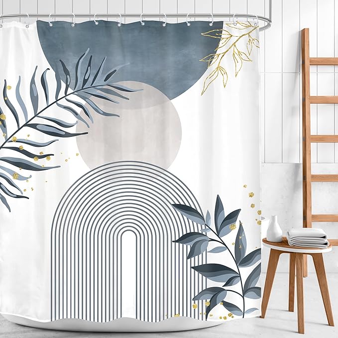Blue Gray Boho Shower Curtain 60Wx72H Abstract Grey Bohemian Modern Leaves Mid Century Minimalist Plant Bathroom Decor Contemporary Simple Neutral Bath Curtain Fabric Polyester 12 Pack Hooks - Image 2