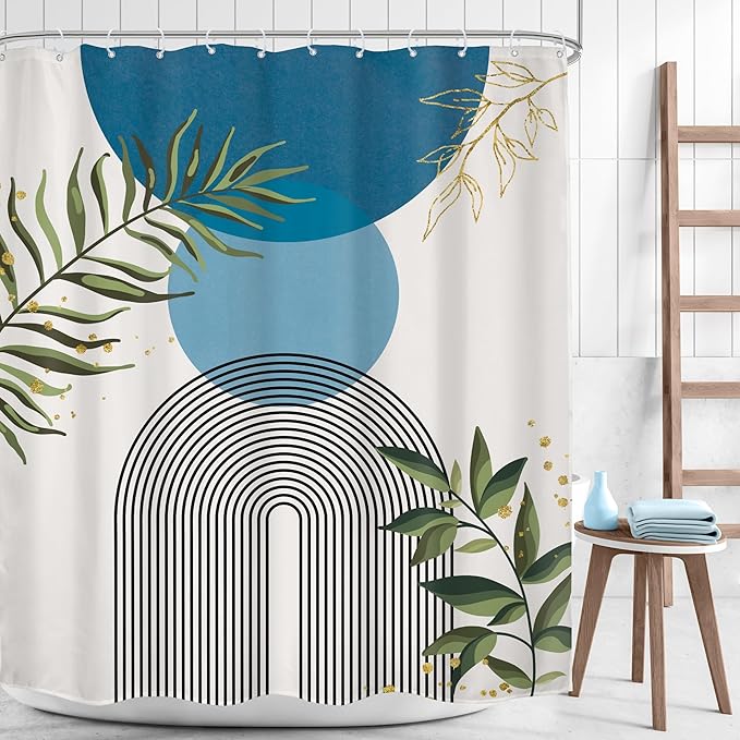 Blue Boho Modern Shower Curtain Mid Century Abstract Gold Green Leaves Sun Arch Minimalist Geometric Aesthetic Plant 60Wx72H Bathroom Decor Neutral Bath Curtain Fabric Polyester 12 Pack Hooks - Image 2