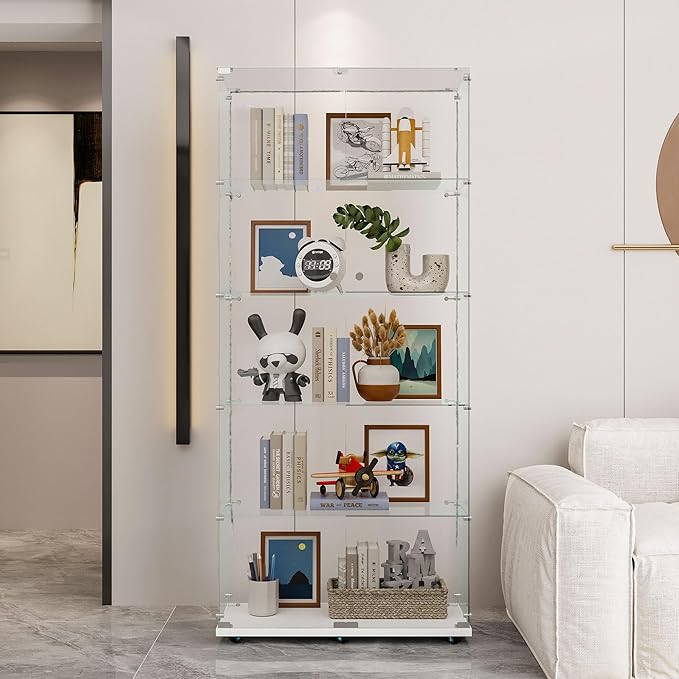 Yoluckea 5-Tier Glass Display Cabinet with Bluetooth LED Light Strip, 2-Door Floor Standing Curio Cabinet with Universal Wheel for Home Office Display, White Bookshelf for Collections, Glass-Top - Image 7