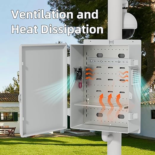 Joinfworld Vented Outdoor Enclosure Box 18.1x12.6x6.4 Outdoor WiFi Enclosure Waterproof White Nema Electrical Box with Cooling Fan for Electronics - Image 3