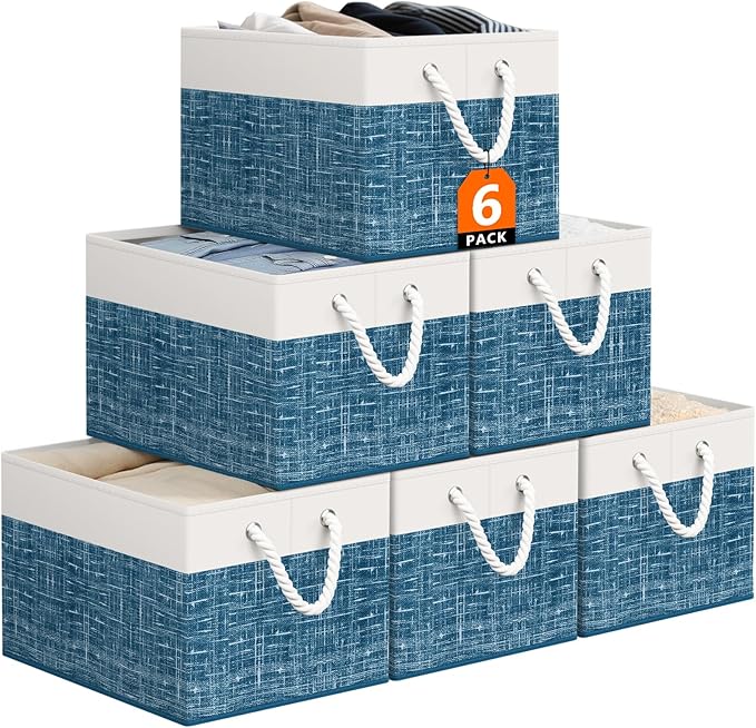 Storage Bin,Collapsible Storage Basket For Organizing,Large Storage Boxes With Rope Handles,Storage Containers,White & Blue,6 Pack by StorageTastic