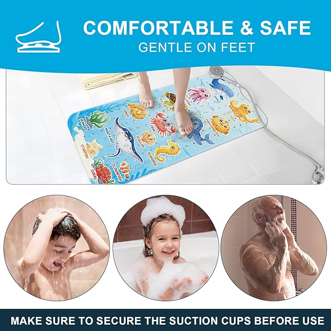 XIYUNTE Baby Bath Mat for Tub Non Slip Kids Bath Mat - 40"x16" Extra Long Bathtub Mat Non Slip Kids, Eco-Friendly Toddler Bath Mats with Suction Cups for Secure Grip, Easy to Clean & Easy Drying - Image 7