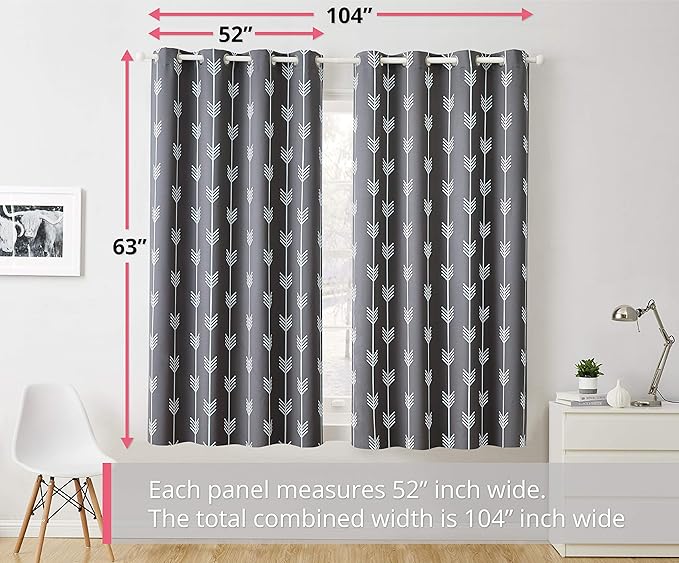 HLC.ME Arrow Printed Blackout Room Darkening Thermal Grommet Window Curtain Drape Panels for Kids Room - Set of 2 - Grey - 63" inch Long - Image 3