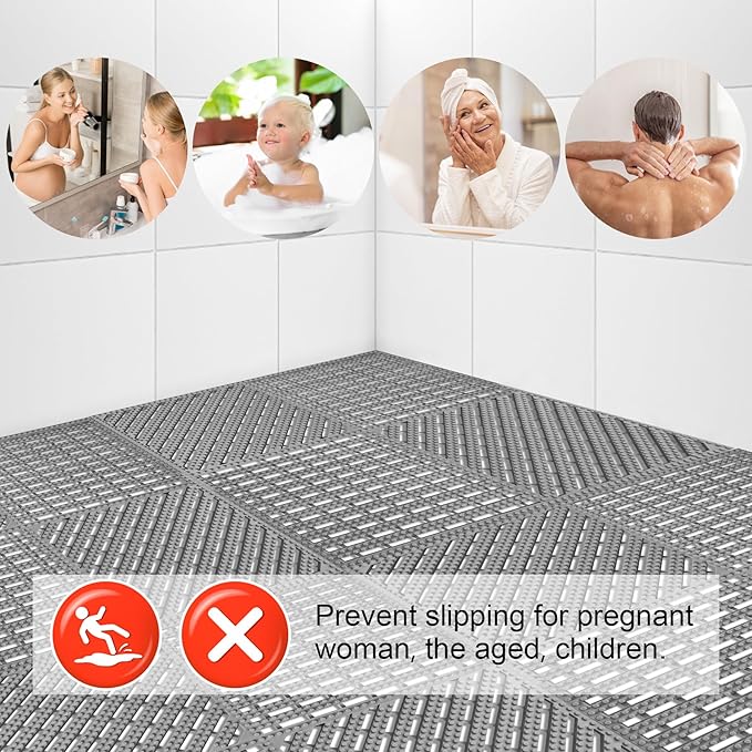 MYFAMIREA Modular Interlocking Cushion 12 Pack 11.8" x 11.8" Rubber Floor Tiles Non-Slip Splicing Drainage Mats for Deck, Pool, Shower, Patio, Balcony, Bathroom, Kitchen, Yard (2 Rows Dots, Gray) - Image 6