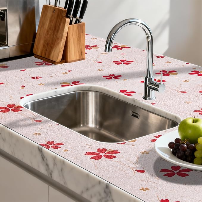 FIFTY FEET 18"x96" Non-Adhesive Shelf Liner for Kitchen Cabinets and Drawers, Washable Non-Slip PVC Cabinet Liner (Red Floral)(5 Roll) - Image 6