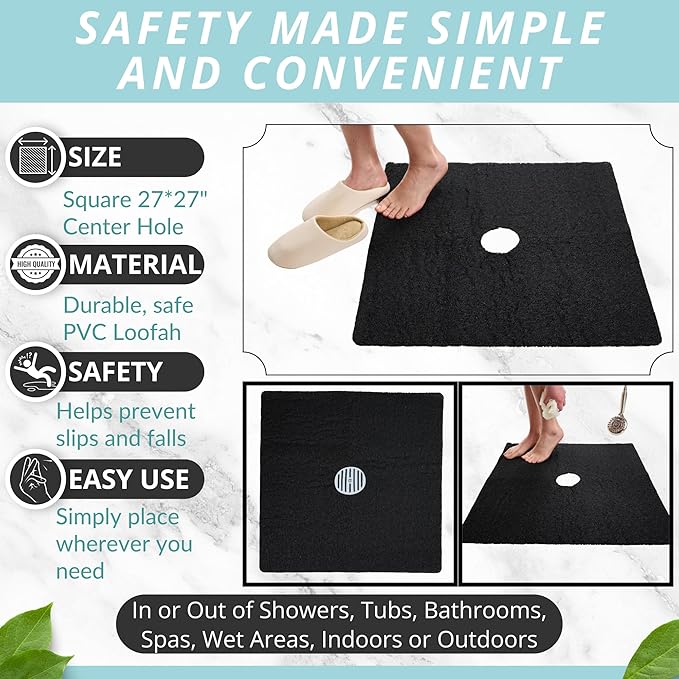 Enkosi Loofah Shower Mat with Drain Hole – Cushioned Anti-Slip Square Bath Mat for Showers, and Bathroom Floors – Textured PVC, Non Slip Safety Pad for Walk-in Stalls and Wet Areas (27x27 Black) - Image 3