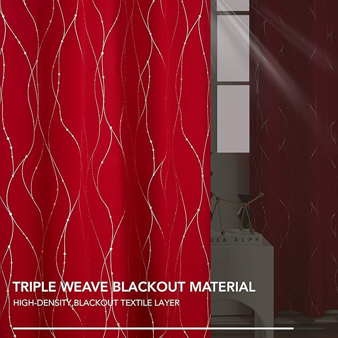 Deconovo Short Blackout Curtains, Christmas Red Curtain, Thermal Insulated Soundproof Drapes, Wave Line Dots Foil Print, 38 x 54 Inch, 2 Panels, Machine‑Washable Window Drape for Kitchen Small Window - Image 8