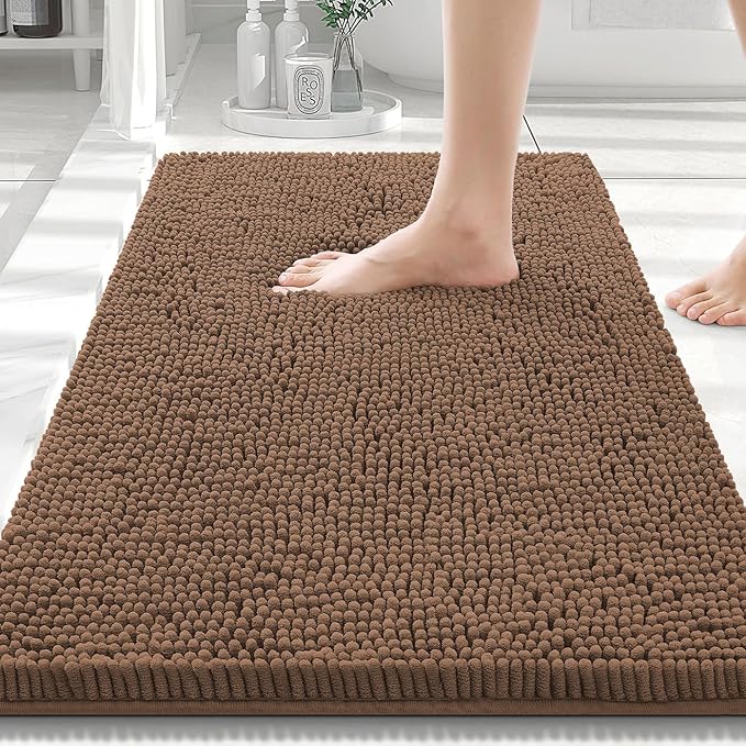 Smiry Luxury Chenille Bathroom Rugs 30x20, Extra Soft and Absorbent Shaggy Bath Mat, Machine Washable, Non-Slip Plush Carpet Runner for Tub, Shower, and Floor, Home Decor Accessories, Mocha by Smiry