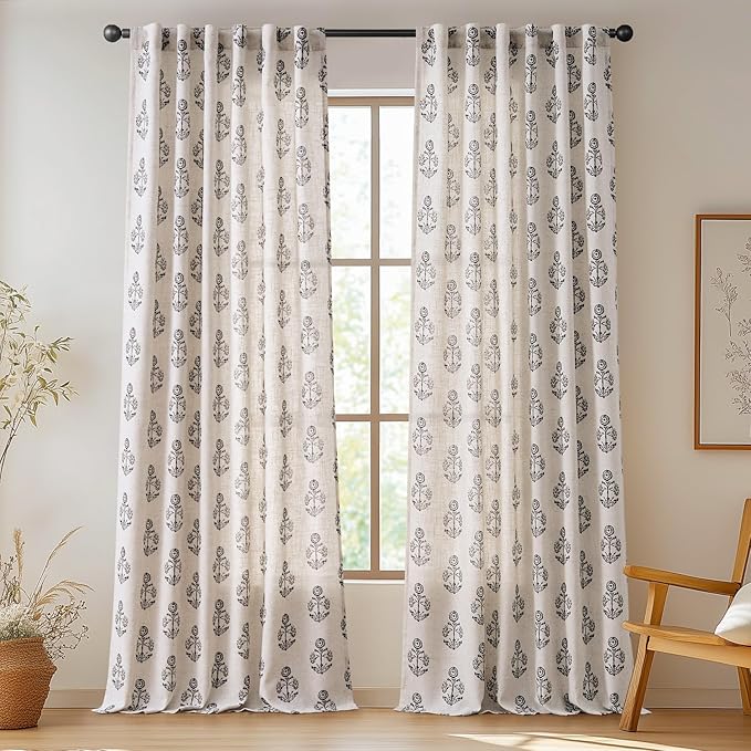 jinchan Linen Floral Curtains for Living Room 96 Inch Length Black Flower Cottage Core Farmhouse Curtains Rod Pocket Back Tab Boho Semi Sheer Window Drapes Bedroom Set 2 Panels Black on Beige - Image 2