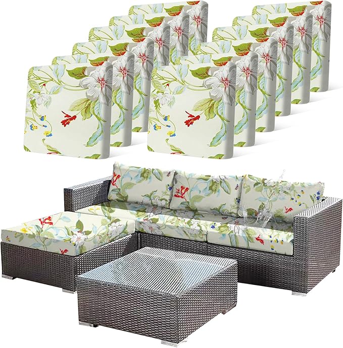 12 Pcs Stretch Sofa Cushion Cover for Patio Floral Waterproof Outdoor Sofa Seat Cushions Covers Summer Tropical Flower Indoor Replacement Couch Slipcover Flexibility Chair Seat Cover by CALBODE