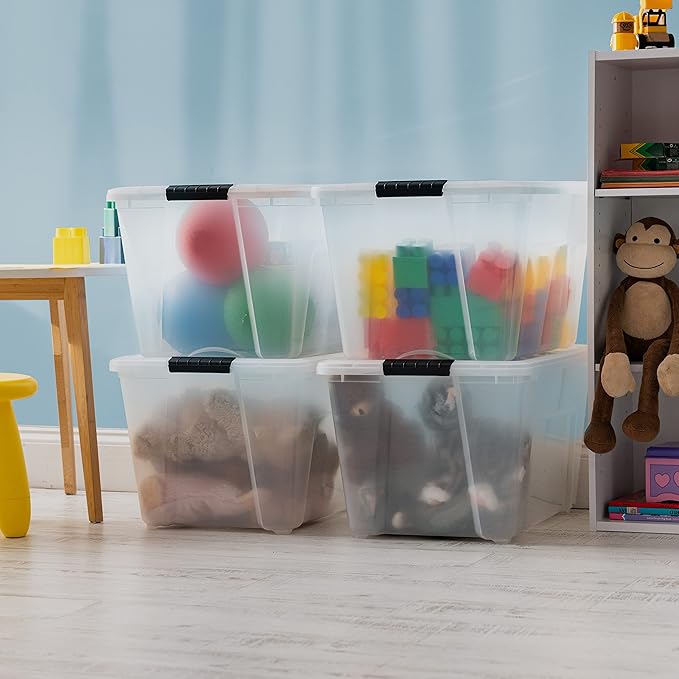 IRIS USA 54 Qt Stackable Plastic Storage Bins with Lids, 4 Pack - BPA-Free, Made in USA - See-Through Organizing Solution, Latches, Durable Nestable Containers, Secure Pull Handle - Clear - Image 4