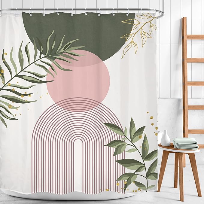 Pink Sage Green Boho Shower Curtain 60Wx72H Mid Century Modern Abstract Gold Leaves Plant Sun Bathroom Decor Minimalist Geometric Arch Line Aesthetic Bath Curtain Fabric Polyester 12 Pack Hooks - Image 2