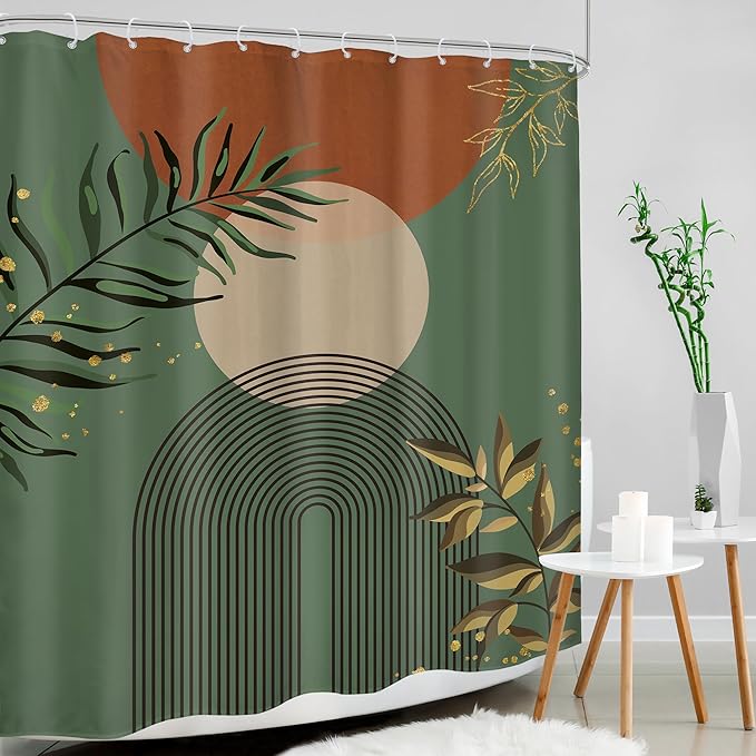 Boho Dark Green Shower Curtain 60Wx72H Abstract Bohemian Mid Century Minimalist Teal Gold Leaf Arch Geometric Plant Neutral Bathroom Decor Botany Bath Curtain Fabric Polyester 12 Pack Hooks - Image 3