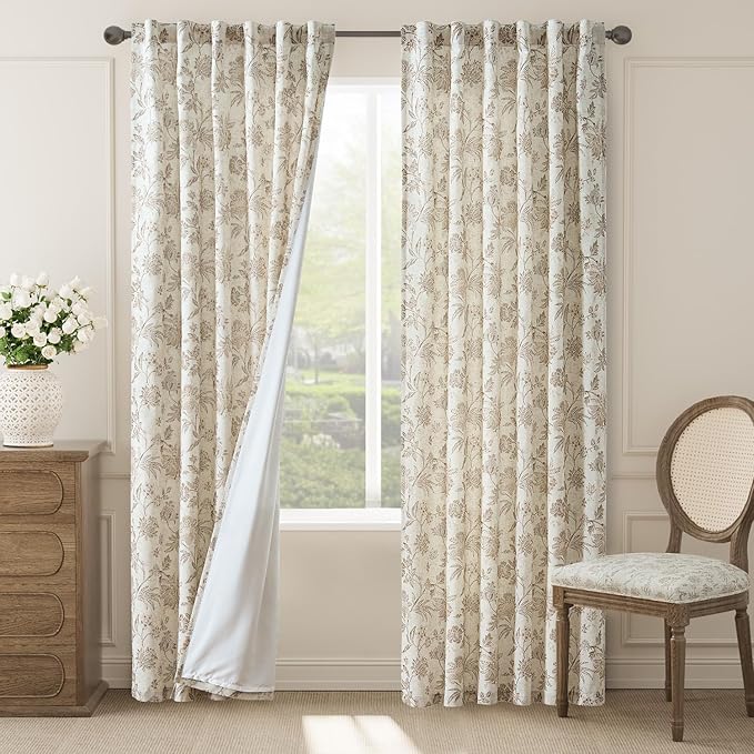jinchan Lined Linen Floral Curtains for Living Room, 84 Inch Length Printed Flower Farmhouse Patterned French Country Back Tab Taupe Window Drapes Set Privacy Bedroom Curtains, 2 Panels by JINCHAN