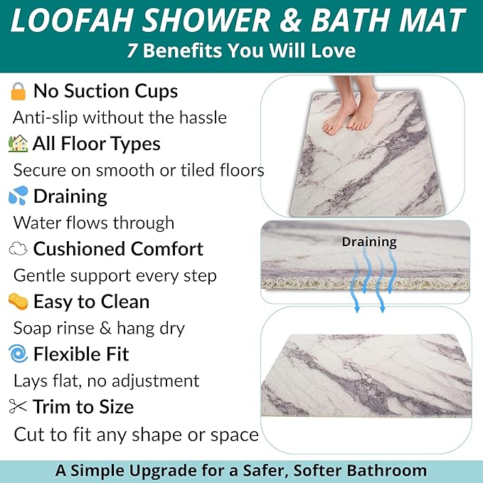 Enkosi Loofah Non-Slip Shower Mat - Shower Floors, Bathtub, Bathrooms, Wet Areas - Cushioned Bath Mat with Drain Holes - Quick Dry PVC, Secure Safety Pad Without Suction Cups (Marble Grey 32x24) - Image 4