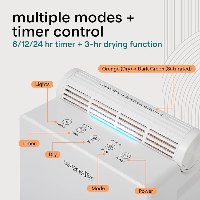 SereneLife 2-in-1 91 Oz Dehumidifier For Home, Bedroom, Bathroom, Basement with Removable Cylinder & Drying Base, Timer, Sleep Mode, & Smart Humidity Control, Covers 1200 Sq Ft 9 x 6 x 13 in, White - Image 5