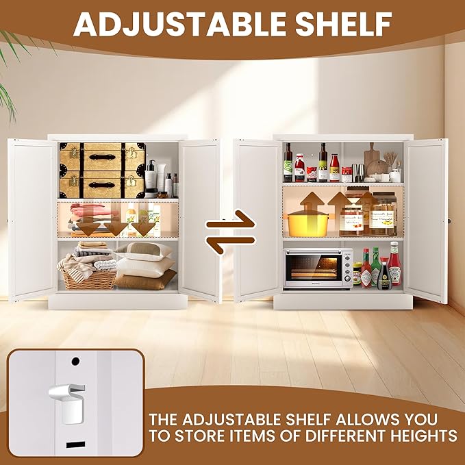 Metal Pantry Cabinet with 2 Adjustable Shelves, Small Kitchen Cupboard Storage Cabinet for Dining Room Living Room Bathroom Office(White) - Image 5