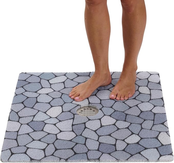 Shower Mat with Center Drain Hole - Secure Loofah Non Slip Shower Mats for Inside Shower - 27x27 Square Bath Mats for Shower - Anti Slip Shower Stall Mat - Square Shower Floor Mat (27x27 Pebble Blue) by ENKOSI