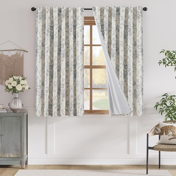 jinchan Blackout Linen Blend Curtain Grey Floral Blackout Curtains for Living Room 63 Inch Length Gray Printed with Lined Blackout Curtain for Bedroom Farmhouse Curtains Set 2 Panels by JINCHAN