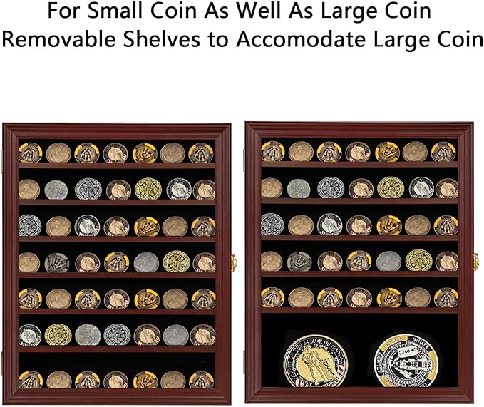 Jinchuan Military Challenge Coin Display Case Lockable Cabinet Rack Holder Shadow Box with Removable 2 Grooves Shelves and Anti Dust Door for Casino Poker Chips Collectibles, Large - Mahogany - Image 3