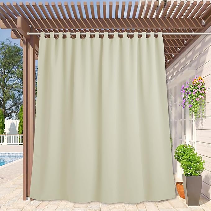 RYB HOME Extra Wide Outdoor Curtains for Patio Waterproof Tab Top Heavy Duty Thermal Insulated in Summer Full Coverage Privacy for Porch, Gazebo & Pergola, W100 x L84, Beige, 1 Panel by RYBHOME