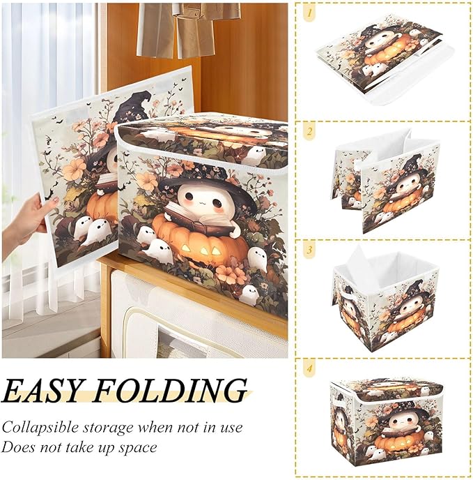 xigua Ghost Wearing Witch Hat Storage Bins with Lids and Carrying Handle,Foldable Storage Boxes Organizer Containers Baskets Cube with Cover for Home Bedroom Closet Office - Image 4