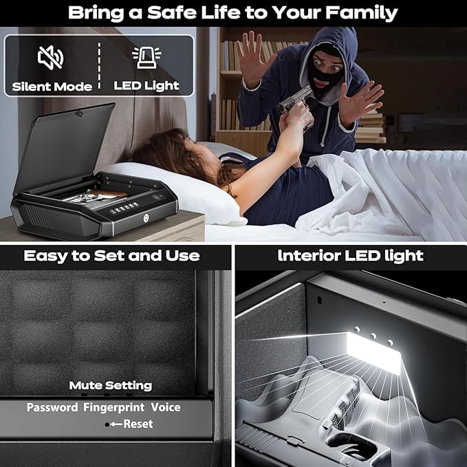 Gun Safe with LCD Display, ≤0.1s Quick Access Handgun Safe for 2-4 Pistols, Hand Gun Lock Box with Fingerprint | Keypad | and Keys (Rechargeable AA Batteries) - Image 6