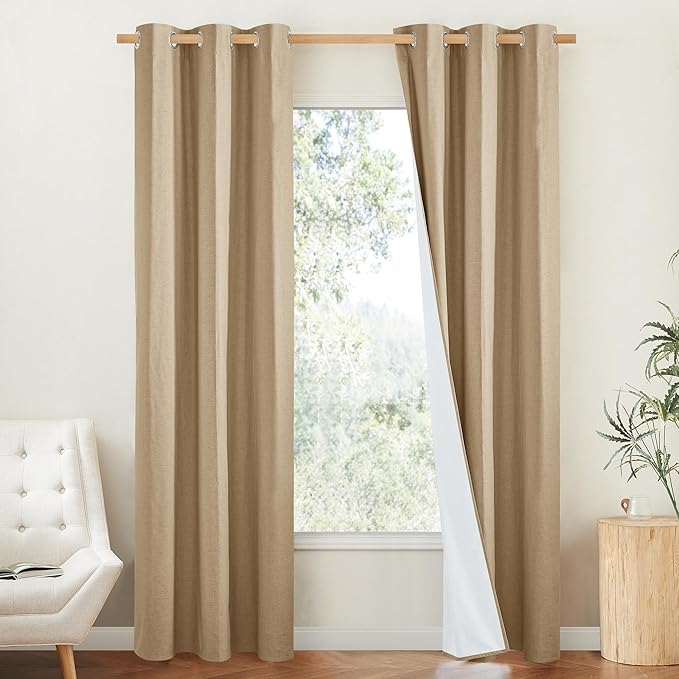 NICETOWN 100% Absolutely Blackout Linen Curtains with Thermal Insulated White Liner, Camel, W42 x L90, 2 Panels, Long Curtains 90 inch Length for Patio Door, Doorway, Office, Overnight Shiftworker by NICETOWN