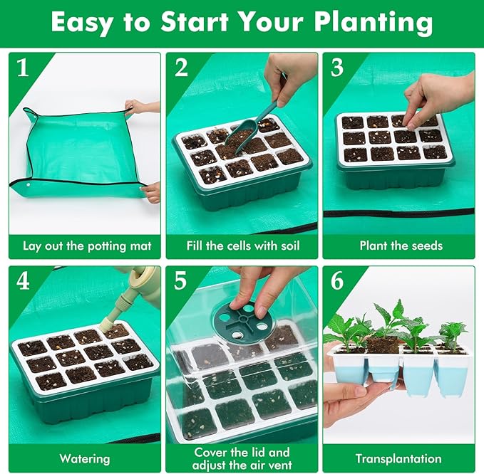 Reusable Seed Starter Tray with 72 Soft Silicone Cells, 6 Pack Seed Starter Kit with Repotting Mat, Humidity Dome and High Lid, Germination Trays for Indoor Greenhouse Seed Starter - Image 6