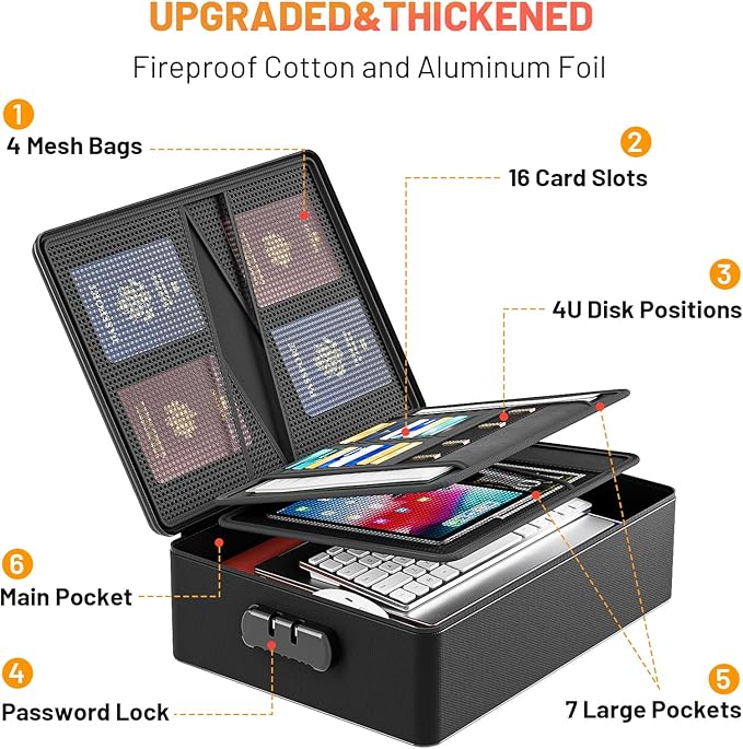 Fireproof Document Box with Lock, Hard Case Files Safe Organizer, 8-Layer Fireproof Water Resistant Safe Box, Portable Home Travel Safe Storage for Important Documents Passports Jewelry Cash (Black) - Image 5