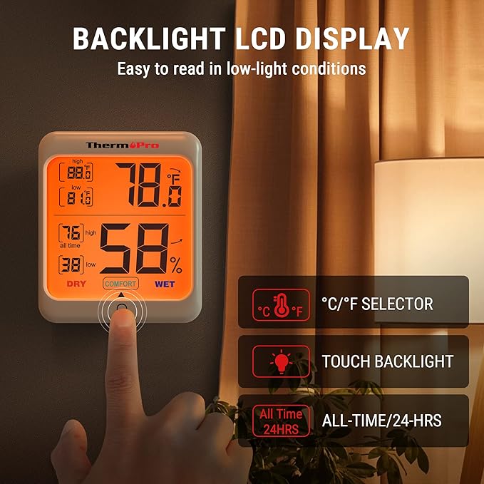 ThermoPro TP53 Digital Hygrometer Indoor Thermometer for Home, Temperature Humidity Sensor with Comfort Indicator & Max Min Records, Backlight Display Room Thermometer Humidity Meter, LCD - Image 4