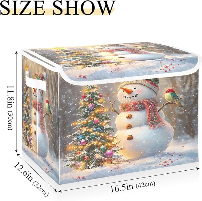 xigua Whimsical Snowman Storage Bins with Lids and Carrying Handle,Foldable Storage Boxes Organizer Containers Baskets Cube with Cover for Home Bedroom Closet Office Nursery - Image 3