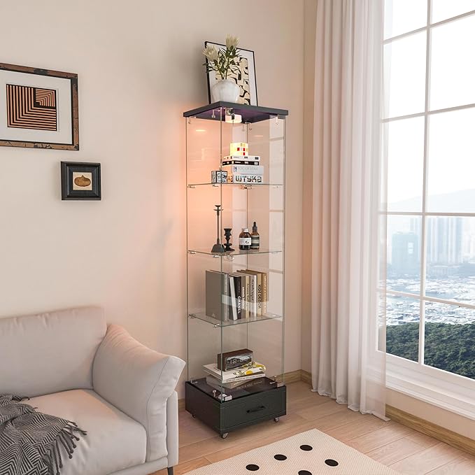 Yoluckea 4-Tier Glass Display Cabinet with LED Lighting and Drawer, 1-Door Floor Standing Curio Cabinet with Wheel for Home, Office, Corner Display, Black Glass Bookshelf for Collections and Decor by Yoluckea