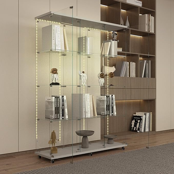 Yoluckea 4 Tiers Glass Display Cabinet Extra Large with Bluetooth LED Light Strip, 2 Doors Floor Standing Curio Cabinet with Universal Wheel for Home, White Glass Bookshelf for Collections, Wood Top by Yoluckea