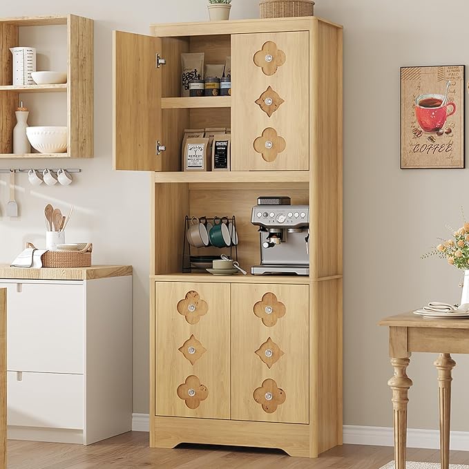 Garvee 72" Tall Pantry Cabinet, Kitchen Hutch Storage Cabinet with Countertop for Microwave, Freestanding Wooden Cupboard with Carved Door & Crystal Handle, for Dining Room, Living Room, Light Oak by Garvee