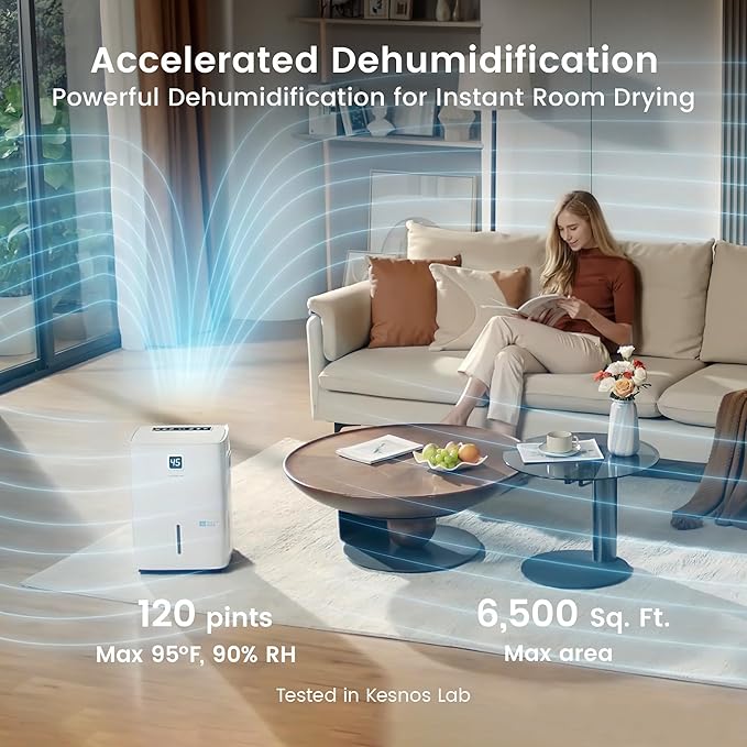 Kesnos 120 Pints Energy Star Dehumidifier for Home & Basement with Drain Hose, Front LED Display and 1.06 Gal Water Tank, Ideal for Spaces up to 6,500 Sq. Ft., Featuring Auto Defrost & Timer Function - Image 2
