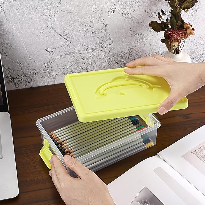 BTSKY 1-Pack Clear Plastic Storage Box with Lid, Stackable Organizer Featuring Easy-Lift Dolphin Design, Multi-Use Portable Container for Home, Craft, Office, Space-Saving with Secure-Clasp, Yellow - Image 6