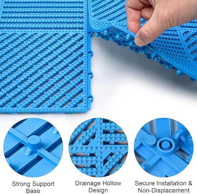 MYFAMIREA Modular Interlocking Cushion 12 Pack 11.8" x 11.8" Rubber Floor Tiles Non-Slip Splicing Drainage Mats for Deck, Pool, Shower, Patio, Balcony, Bathroom, Kitchen, Yard (2 Rows Dots, Blue) - Image 4