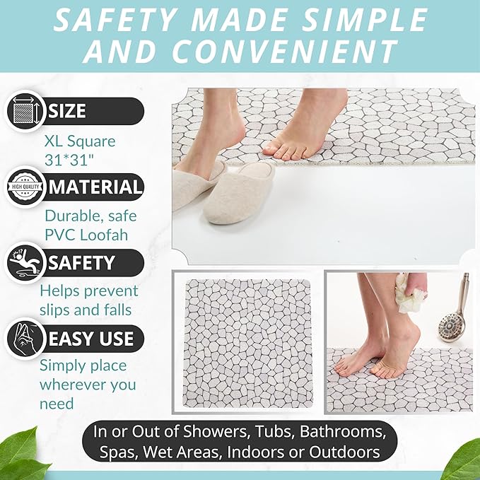 Square Shower Mat - Non Slip Shower Mats for Inside Shower - Extra Large 31x31 Shower Floor Mat Non Slip - Square Bath Mat for Shower - Secure Anti Slip Loofah Shower Bath Mat (31x31 Pebble) - Image 3