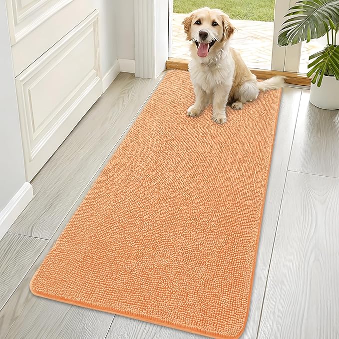 OLANLY Dog Door Mat for Muddy Paws 70x35, Absorbs Moisture and Dirt, Absorbent Non-Slip Washable Doormat, Quick Dry Chenille Mud Mat for Dogs, Entry Indoor Entryway Carpet for Inside Floor, Orange by OLANLY