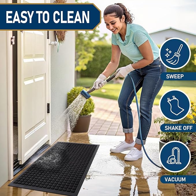 Smiry Front Door Mat Outside Entrance, Heavy Duty Natural Rubber Doormat, Non Slip, Trap Dirt and Moisture, Easy Clean, Low Profile Welcome Floor Mats for Indoor Outdoor Entry, 29x17 Inch, Black - Image 5