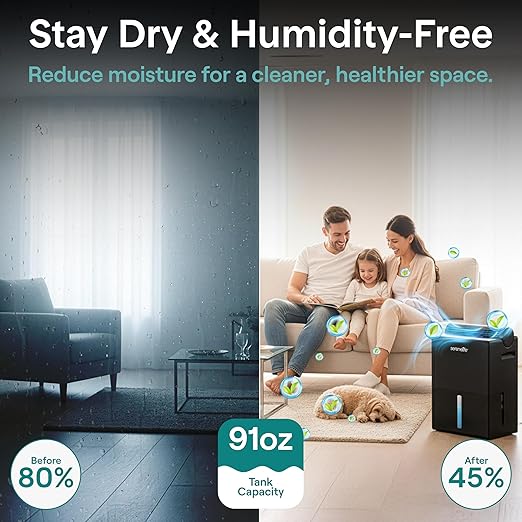 SereneLife Dehumidifiers for Home, 91 Oz Quiet Dehumidifier for Bedroom, Bathroom, Basement with Removable Cylinder For Closet, Timer, Sleep Mode & Smart Humidity Control, Covers 1500 Sq. Ft, Black - Image 2