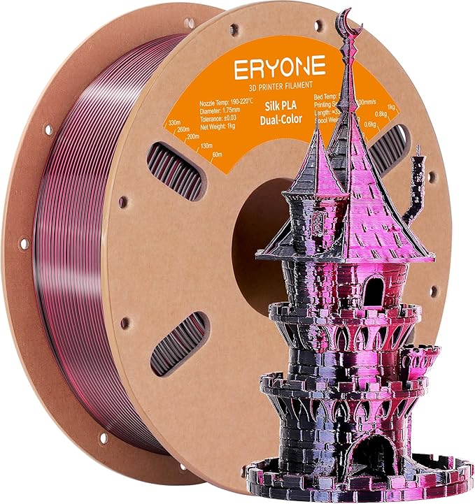 ERYONE Silk Dual Color PLA Filament 3D Printer 1.75mm +/- 0.03mm, Bicolor Filament Two Tone PLA 1KG(2.2lbs) Cardboard Spool, Black&Rose Red by ERYONE